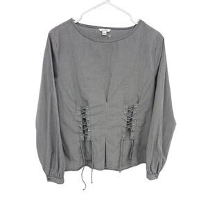 Sweet Grey Black White Micro Check Corset Tie Front Cotton Blouse  Size M